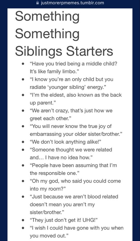 Sibling Scenarios, Sibling Tropes, How To Write Realistic Siblings, Sibling Prompts Writing, Friendship Prompts, How To Write Siblings, Found Family Story Prompts, Roleplay Starters, Sibling Characters