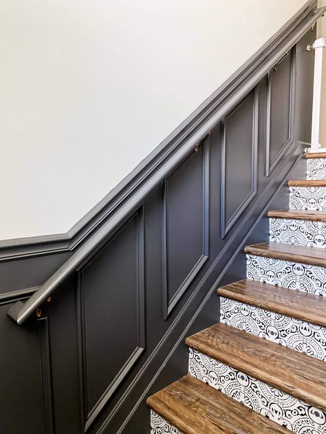 DIY Moody Staircase Shadow Box Trim Wall Wood Paneling Ideas Stairs, Moulding Boxes On Wall, Stair Railing Ideas On Wall, Stairwell Wainscoting Staircases, Decorating Closed Stairway Walls, Adding Molding To Staircase, Trim Ideas For Stairs, Stairwell Box Molding, Stairway Box Molding