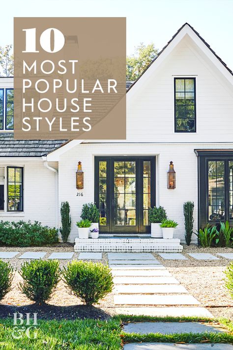 We'll show you the top 10 house styles, including Cape Cod, country French, Colonial, Victorian, Tudor, Craftsman, cottage, Mediterranean, ranch, and contemporary. #popularhomestyles #homeexteriors #homestyles #homestyleexteriors #bhg Contemporary Cape Cod House Exterior, House Styles Outside, Cape Cod Ranch House Exterior, English Style Exterior, Cape Cod To Colonial Conversion, America House Design, House Types Style, Type Of House Styles, Contemporary Cottage Exterior