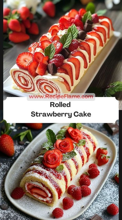 This cake was a showstopper at our brunch! The rolled design and fresh strawberry filling made it both beautiful and delicious. It’s now a staple in our spring celebrations. Strawberry Cake Roll Recipe, Roll Cake Design, Crepe Roll Cake, Strawberry Shortcake Roll, Strawberry Cake Design, Strawberry Cake Roll, Strawberry Swiss Roll, Spiral Cake, Strawberry Roll