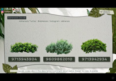 7ious Bloxburg Decals, Bush Codes Bloxburg, Bloxburg Landscape, Bush Decals Bloxburg, Bloxburg Bushes Decals, Bloxburg Plant Decals Codes, Plant Decals Bloxburg, Vine Decal, House Decals