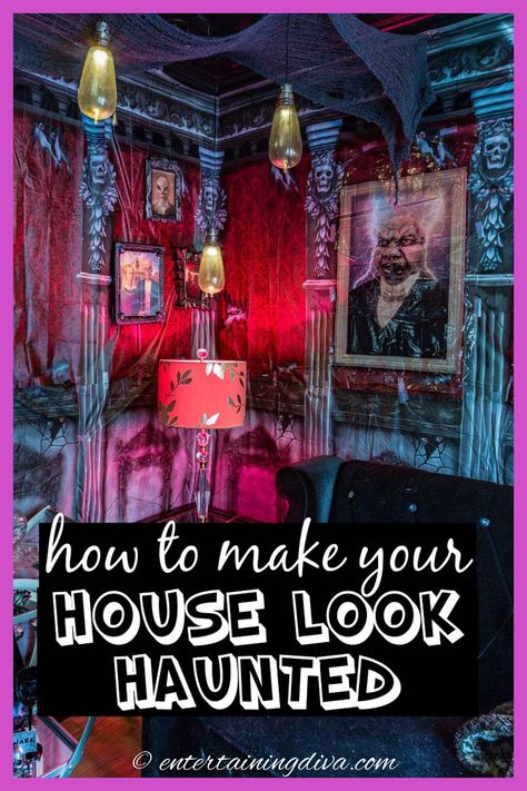 Hunted House Ideas Halloween Diy, Halloween Haunted House Ideas, Halloween Scene Setters, Haunted House Ideas, Halloween Bottle Labels, Spooky Pictures, Animated Halloween Props, Halloween Haunted House Decorations, Halloween Entertaining