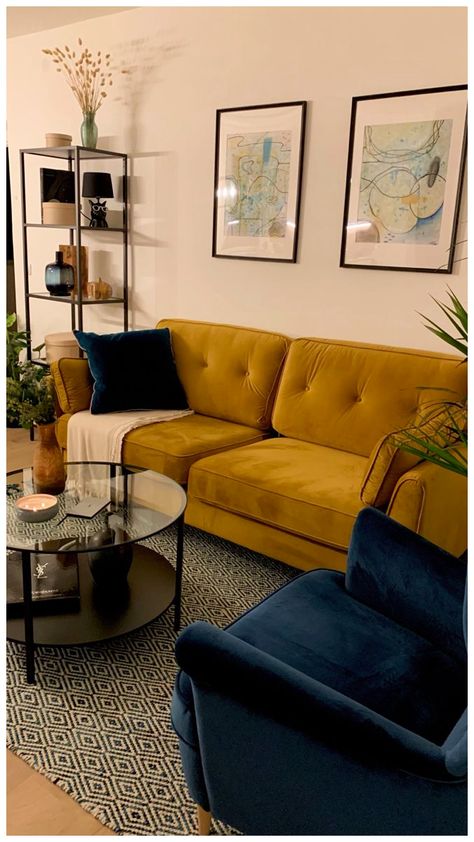 Mustard Green Couch Living Room, Yellow Arm Chair Living Room, Living Room Ideas Yellow And Grey, Color Palette For Small Apartment, Mustard Cushions Living Room, Mustard Color Couch, Tony Living Room Ideas, Mustard Armchair Living Rooms, Living Room Mustard Sofa