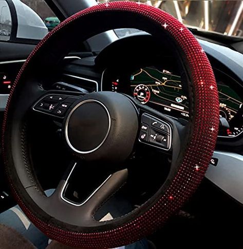 Glitter Steering Wheel Cover, Bling Steering Wheel Cover, Red Car Interior Decor Luxury, Grey Car Accessories, Car Accessories Red And Black, Elegant Car Interior, Women Car Interior Decor, Red Steering Wheel Cover, Red Car Accessories Interior