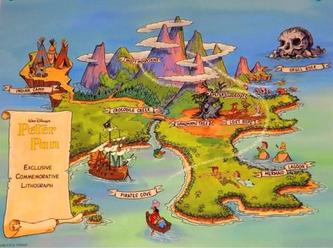 Let's check out some of the most unique Disney animated locations we'd most love to visit! Map Of Wonderland, Neverland Map, Peter Pan Nursery, Peter Pan Disney, Peter Pan And Tinkerbell, Rpg Map, Pinturas Disney, Disney Aesthetic, Fantasy Map