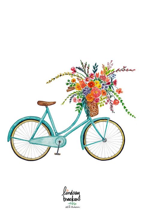 Bicycle Flower Basket, Lindsay Brackeen, Bicycle Drawing, Bicycle Illustration, Basket Flowers, Watercolor Flower Illustration, Blue Bike, Basket Wall Art, Bicycle Painting