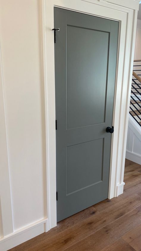 White Walls Coloured Doors, Green Hallway Doors, Interior Green Doors, Grey Green Doors Interior, Green Interior Doors With White Trim, Olive Green Interior Doors, Colored Indoor Doors, Bathroom Door Color, Contrast Interior Doors