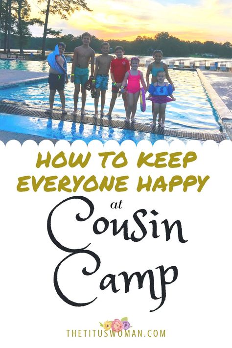 How to keep everyone happy at cousin camp is a great question to ask if you want to host a camp. Here are my best tips. #cousincamp #cousins #grandmacamp #campcece #thetituswoman Auntie Summer Camp, Cousin Camping Shirts, Cousins Weekend Ideas, Cousin Camp Activities, Cousin Sleepover Ideas, Cousin Camp Ideas, Camp Ideas For Kids, Family Camping Trip Shirts, Summer Sleepover