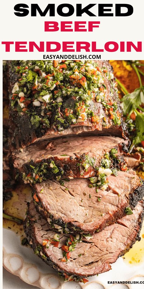 This 3-ingredient Smoked Beef Tenderloin is cooked low and slow on an outdoor smoker and then finished with a reversed sear for a crisp, brown crust on top. It is tender and juicy, with a touch of smoke. Serve it with a tasty chimichurri sauce! Reverse Sear Beef Tenderloin, Easy Recipe Using Ground Beef, Smoked Beef Tenderloin, Whole Beef Tenderloin, Asian Steak Bites, Beef Tenderloin Recipes, Beef Tenderloin Roast, Tenderloin Roast, Quick Pasta Recipes