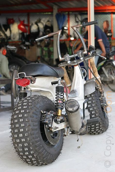 Honda cub with atc tires -- Curated by: Quality Tires | 1939 Bredin Road, Kelowna, BC, Canada V1Y7S9 | (250) 448-0054 C90 Honda, Crx Honda, Motorcycle Cruiser, Honda Accessories, Honda Scooters, Custom Moped, Honda Monkey, Honda C70, Riding Tips