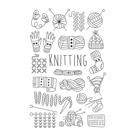 Knitting. black and white hand drawn set... | Premium Vector #Freepik #vector #line Art And Craft Images, Yarn Tattoo, Graphic Motif, Drawing Set, Journal Doodles, Craft Stickers, Vector Hand, Free Vector Art, Featured Art