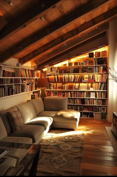 Cosy Home Library, Bedroom With Library, Library And Game Room, Small Library Room Ideas, Small Library Room, Small Library Ideas, Small Home Library Ideas, Small Home Libraries, Loft Library