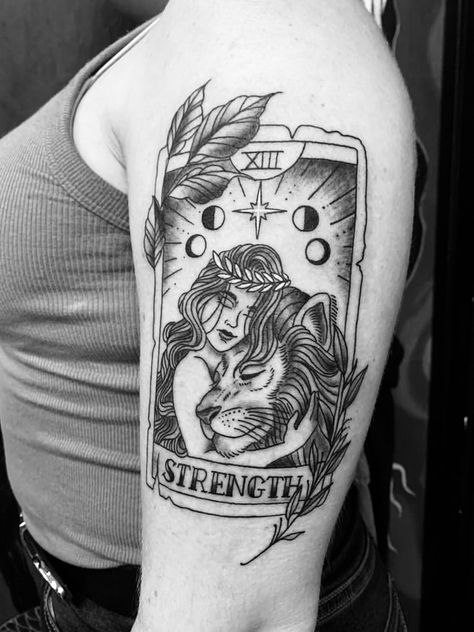 Tarot Card Sleeve Tattoo, The World Tarot Card Tattoo, Strength Card Tattoo, Tarot Card Tattoo Traditional, The Empress Tarot Card Tattoo, Tarot Card Tattoo Sleeve, Tarot Tattoo Strength, Leo Tarot Card Tattoo, Tarot Cards Tattoo Ideas