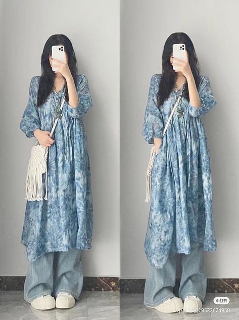 Casual Traditional Outfits For Women, Dress Over Jeans Outfit Korean, Desi Clothes Casual Indian Fashion, Dress Over Jeans Korean, Aesthetic Desi Outfits, Summer Outfit Inspo Modest, Casual Desi Outfits, Summer Outfit Concert, Outfits Black Women Spring