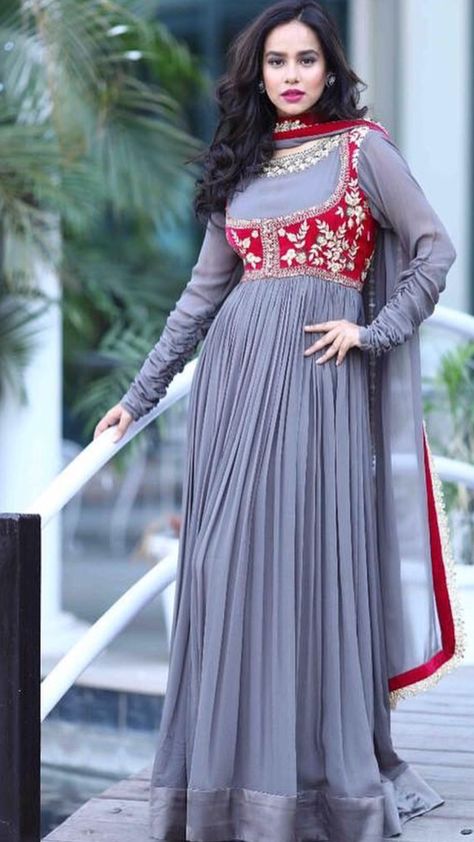 Anarkali Jacket Suits, Grey Colour Suits For Women, Anarkali Suits With Jacket, Anarkali Dress Pattern With Jacket, Grey Anarkali Dress, Anarkali Jacket Style, Stand Patti Kurti, Anarkali Dress With Jacket, Jacket Anarkali Dresses