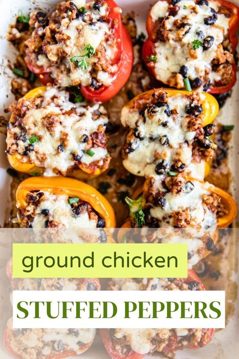 A ground chicken, Mexican flavored stuffed peppers recipe that everyone will enjoy. Easy and quick, great for meal prepping, and leftovers store great. Ground chicken, black beans, cheese, and peppers. So tasty! Ground Chicken And Peppers Recipe, Ground Chicken Recipes For Diabetics, Stuffed Peppers With Ground Chicken, Stuffed Bell Peppers Ground Chicken, Ground Chicken Peppers, Meals With Ground Chicken, Ground Chicken Breast Recipes, Stuffed Peppers Chicken, Easy Ground Chicken Recipes