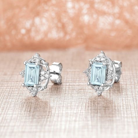 Emerald Cut Stud Earrings, Petite Earrings, Emerald Gem, Aquamarine Earrings, Aquamarine Jewelry, Fancy Jewelry, Fine Jewelry Collection, Delicate Earrings, Anniversary Gift For Her