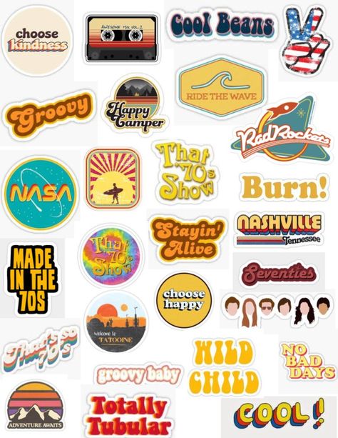 Retro, vintage, 70s sticker pack, stickers, tumblr stickers, aesthetic stickers, rainbow stickers, text, happy, bright, yellow, orange, rad laptop stickers 70s Stickers Vintage, Retro Vintage Stickers, 70s Aesthetic Stickers, Collage Stickers Aesthetic, Aesthetic Stickers For Phone Case, Retro Aesthetic Stickers, 70s Stickers, Stickers Aesthetic Vintage, Tumblr Sticker