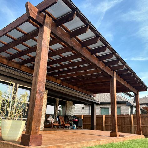 I just finished up this SkyPoly Pergola in Ponder. 28x14. 8x8 posts. 4x12 header. 2x8 joists. 2x4 slats. We lifted off the roof with the SkyLift Roof Risers. We installed the SkyPoly roof. Notched joists. 2’ overhang. We also did the stamped concrete wood texture under the pergola. Text me Chad the tall goofy guy if you want a pergola. 972-342-1645 #pergola #patiocover #pergoladesign #patiodesign #outdoorlivingspace #outdoorlivingroom Backyard Pergola With Roof, Skypoly Pergola, Rural Garden, Deck Cover, Outdoor Living Deck, Covered Patio Design, House Light, House Deco, Backyard Pergola