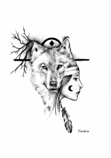 Native American Wolf Tattoo, Wolf Girl Tattoos, Native American Tattoo Designs, Indian Wolf, Tattoo Wolf, Native American Tattoo, American Indian Tattoos, Native American Tattoos, Native American Wolf