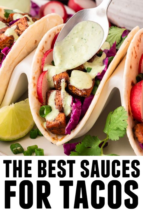 These are the best sauces for tacos! My favorite easy taco sauce recipes to elevate Taco Tuesday or taco night. Great for nachos, burritos, quesadillas, and chips too! // Rhubarbarians // Burrito Sauce Recipe, Sour Cream Enchilada Sauce, Sauce For Tacos, Authentic Guacamole Recipe, Taco Sauce Recipes, Homemade Nacho Cheese Sauce, Sour Cream Enchiladas, Tofu Tacos, Homemade Nachos