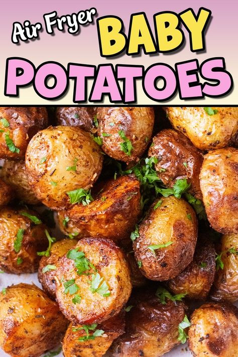 Air fryer baby potatoes with a text title overlay. Air Fryer Baby Potatoes, Garlic Potatoes Recipe, Baby Potato Recipes, Air Fry Potatoes, Baby Potato, Vegan Slow Cooker Recipes, Vegan Slow Cooker, Homemade Coleslaw, Healthy Potato Recipes