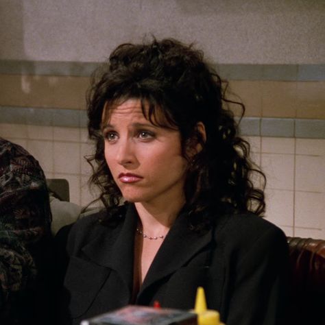 Wavy Hair Celebrities, Elaine Seinfeld Hair, Elaine Benes Hair, Julia Louis Dreyfus 90s, Julia Louis Dreyfus Seinfeld, Elaine Seinfeld, 90s Series, Banana Juice, Seinfeld Kramer