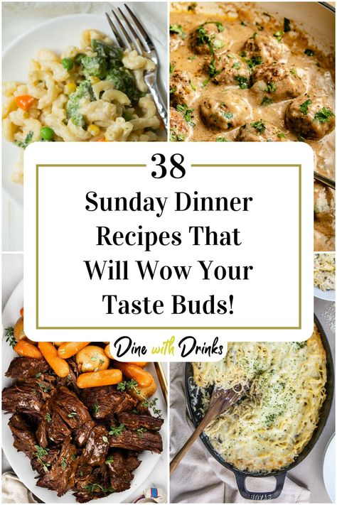 Collage of 4 sunday dinner recipes. Best Sunday Dinner Recipes Families, Sit Down Dinner Menu Ideas, Classic Sunday Dinner Ideas, Sunday Night Meals, Sunday Dessert Ideas Families, Special Dinner Ideas Families, Sunday Night Football Dinner, Sunday Dinner For 2, Sunday Football Dinner Ideas