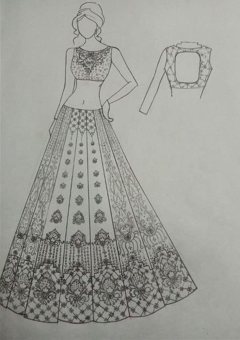 Lehenga Pencil Sketch, Bridal Sketches Indian Pencil, Bridal Lehenga Sketch Drawing, Lehenga Drawing Sketches, Hai Tamanna, Kaifi Khalil, Fashion Model Sketch, Fashion Illustration Tutorial, Fashion Design Books