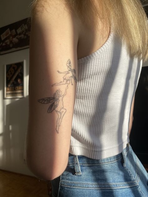 Back Arms Tattoos For Women, Cool Upper Arm Tattoos Women, Upper Arm Fairy Tattoo, Tattoo Back Of Upper Arm, Behind Upper Arm Tattoos For Women, Fairy Tattoo Back Of Arm, Women Side Arm Tattoo, Upper Outer Arm Tattoo, Upper Back Of Arm Tattoo