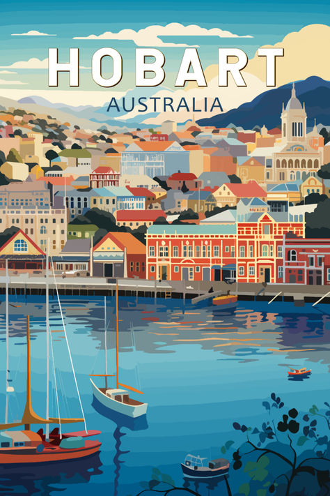 Vintage-style poster showcasing the coastal beauty of Hobart, Australia, perfect for adding a touch of maritime nostalgia to your decor. Vintage Travel Posters Australia, Small Posters, Australia Poster, Hobart Australia, Art Deco Travel Posters, Cards Poster, Posters Australia, Australia Tourism, Vintage Postcards Travel