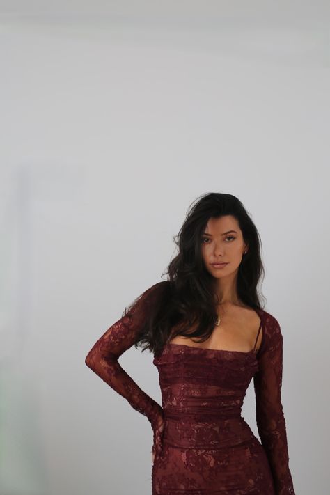 Dark Feminine Dress Long, Dark Feminine Dresses Long, Deep Red Dress Aesthetic, Classy Red Dress Aesthetic, Wine Red Prom Dress Aesthetic, Modern Lace Dress, Modest Birthday Outfit, Corset Fashion Outfits, Lace Burgundy Dress