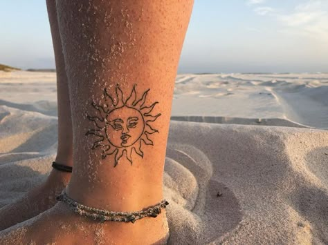 Earthy Ankle Tattoo, Sun And See Tattoo, Ankle Tattoo For Man, Sun On Ankle Tattoo, Ankle Sun Tattoo, Sun Tattoo On Ankle, Outside Ankle Tattoo, Men’s Ankle Tattoo, Outer Ankle Tattoo