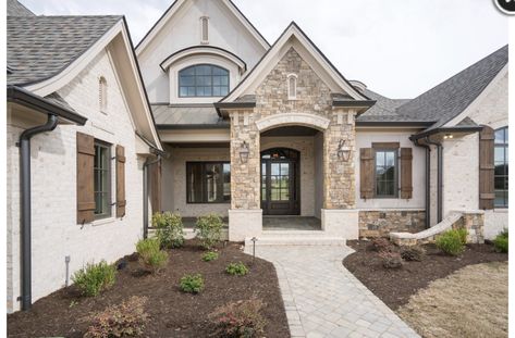 Houses With Stone Accents, French Country Exterior, Stone Exterior Houses, White Exterior Houses, Lake Keowee, Stucco Homes, European Farmhouse, Cottage Exterior, Brick Exterior House