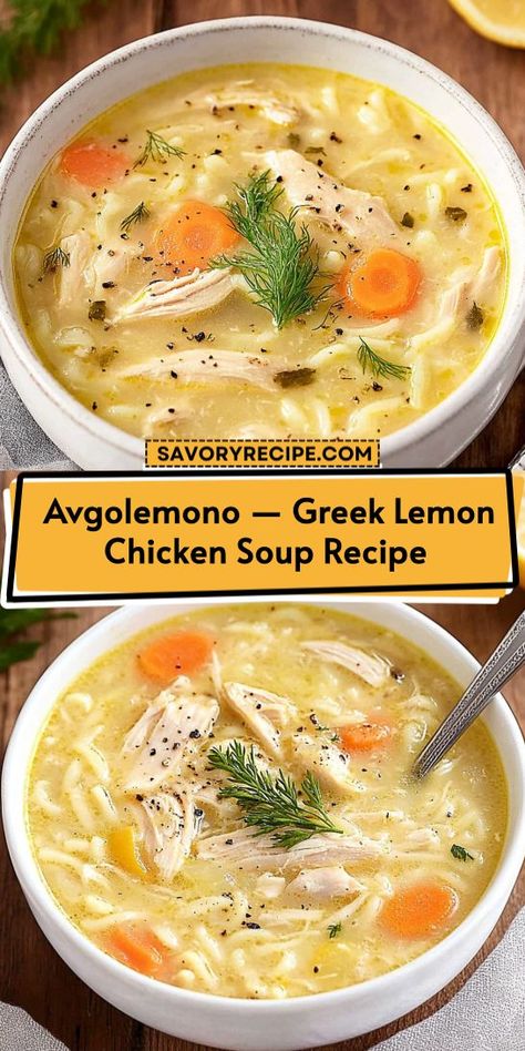 Looking for a warm and comforting Mediterranean dish that’s bursting with flavor? This Avgolemono — Greek Lemon Chicken Soup recipe offers a perfect balance of tangy lemon and tender chicken. Save this delightful soup recipe to enjoy a taste of Greece on a cozy night in! Greek Lemon Soup, Lemon Orzo Soup, Mediterranean Soup, Orzo Soup Recipes, Avgolemono Soup, Greek Lemon Chicken Soup, Lemon Soup, Savory Recipe, Lemon Chicken Soup