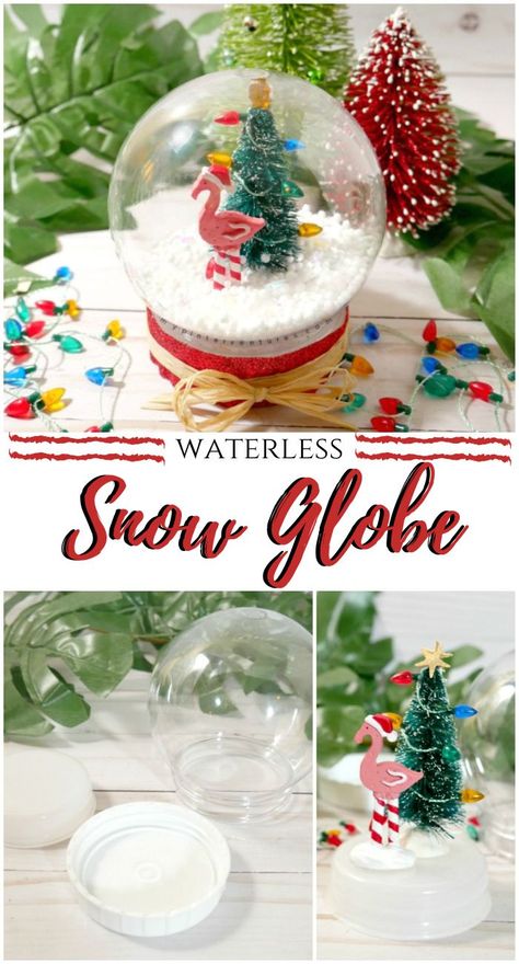 Dollar store waterless snow globe with Christmas flamingo and tree. #christmas #christmasideas #kidactivities #snowglobe #christmascrafts Dollar Tree Snow Globes, Beach Snow Globe, Waterless Snow Globe Diy, Waterless Snow Globe, Furniture Joinery, Snow Globe Crafts, Christmas Flamingo, Globe Crafts, All About Christmas