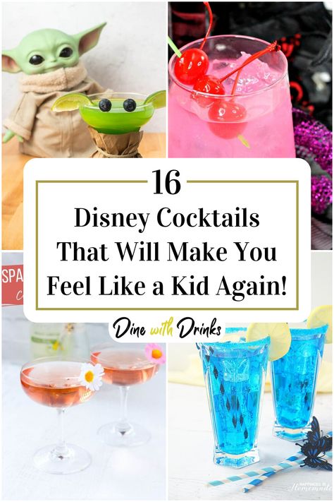 Collage of 4 disney cocktails. Minnie Mouse Cocktail, Disney Cocktails Recipes, Disney Princess Drinks, Disney Themed Cocktails, Disney Themed Drinks, Disney Alcoholic Drinks, Princess Drinks, Movie Dinner, Disney Inspired Cocktails