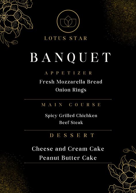 Hotel banquet menu for functions like i.e. marraiges, birthdays, parties etc... Banquet Program Ideas, School Merch, Reunion Ideas, Peanut Butter Cake, Flyer Ideas, Secret Gardens, Cafe Menu, Program Ideas, Lunch Menu