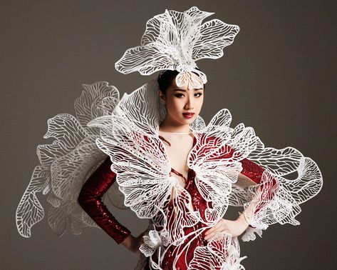 3d Costume Design, 3d Printing In Fashion, Miss Universe Stage, Stage Costume Design, Miss Universe National Costume, 3d Printed Fashion, 3d Printed Dress, Orchid Dress, Sculpture Fashion