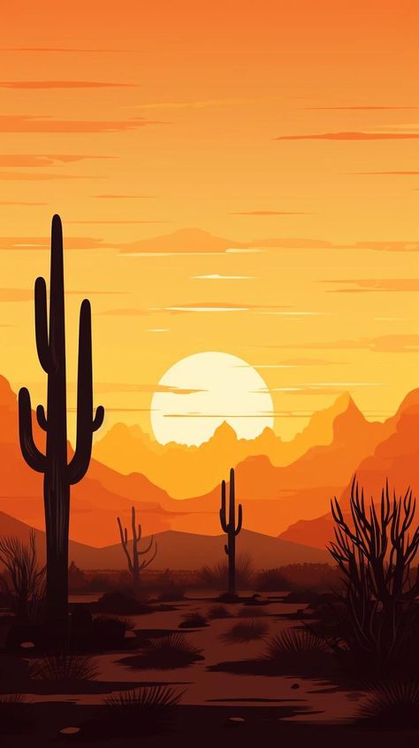 Desert Drawing, Desert Landscape Art, Cactus Silhouette, Animal Taxidermy, Sunset Hues, Cactus Illustration, Sunset Artwork, 2160x3840 Wallpaper, Sunset Silhouette