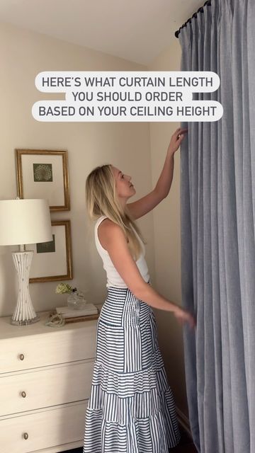 Meredith | Modern Southern Style on Instagram: "Get more curtain hanging tips below 👇🏼 comment CURTAIN for the link to my fave affordable Amazon pinch pleat drapes!  CURTAIN HANGING TIPS:  👉🏼 Hang the curtain rod 1–2 inches below the crown molding.  👉🏼 Use drapery hooks and rings for an elevated look  👉🏼 Hang the rod 8–12 inches outside the window frame on each side to make the window appear larger. This also allows more light into the room when the curtains are open.  👉🏼 What length curtains should you get based on your ceiling height?  These are length recommendations if you use the tips above for that high-end designer look!  For 8 ft ceilings, get the 90 inch length For 9 ft ceilings, get the 95 inch length For 10 ft ceilings, get the 108 inch length For 11 ft ceilings, get t Curtains Or No, Curtain Drapes Ideas, Curtain Length For 8 Ft Ceiling, How High To Hang Curtains, Hanging Curtains From The Ceiling, Curtain Hanging Guide, Curtain Rod Placement, Curtain Length Guide, Hang Curtains From Ceiling