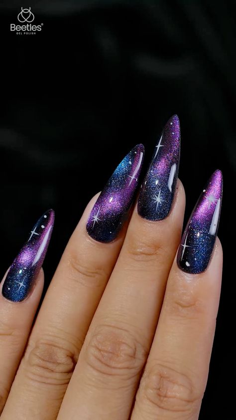 Beetles Gel Nail Polish 36 Colors Cat Eye Gel Polish Set Purple Nail Art Designs, Nail Polish Art Designs, Shiny Nails Designs, Cat Eye Nails Polish, Eye Nail Art, Space Nails, Cat Eye Gel Polish, Purple Nail Designs, Galaxy Nails