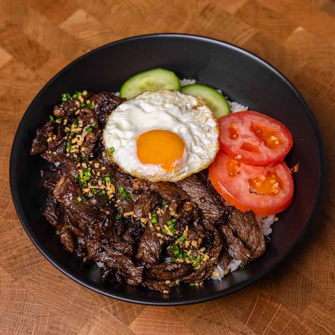 Filipino Beef Tapa - Tapsilog - GENIUS EATS Cured Beef, Beef Tapa, Filipino Breakfast, Garlic Fried Rice, Marinated Beef, Beef Sirloin, Filipino Dishes, Shredded Lettuce, Filipino Food