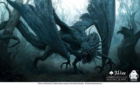 The Jabberwock (erroneously called “the Jabberwocky” in the film), concept art by Michael Kutsche, for Tim Burton’s Alice In Wonderland (2010) Creature Fantasy, Alice In Wonderland Characters, Shadow Dragon, Pandora Hearts, Lewis Carroll, Through The Looking Glass, Arte Fantasy, A Dragon, Magical Creatures