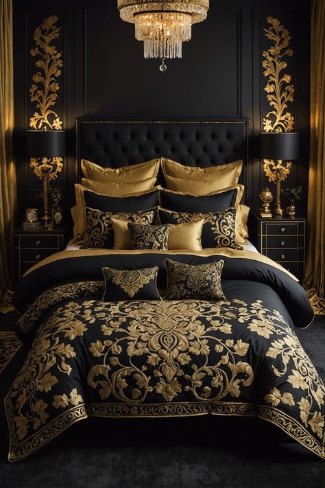 Glam Decor Bedroom, Black And Gold Bed, Black And Gold Bedroom Ideas, Scandinavian Dining Room Decor, Black And Gold Bedroom, Bedroom Ideas Interior Design, Glamour Bedroom, Glam Bedroom Ideas, Black Bedrooms