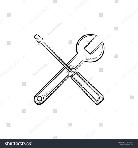 Traditional Wrench Tattoo, Wrench Tattoo Mechanic, Tattoo Tools Mechanic, Screwdriver Sketch, Wrench Tool Illustration, Mens Tools, Doodle Icon, Vector Sketch, Cross Tattoo