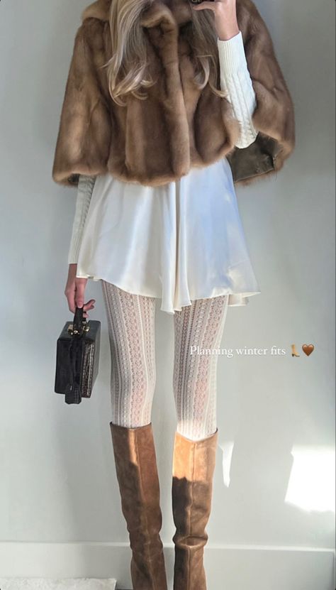 Beige Tights Outfit Winter, White Skirt With Tights, Cream Tights Outfit, Outfits Over 40 Winter, White Dress Winter Outfit, White Dress With Tights, Gold Christmas Outfit, Brunch Outfit Winter Dressy, White Skirt Outfit Winter