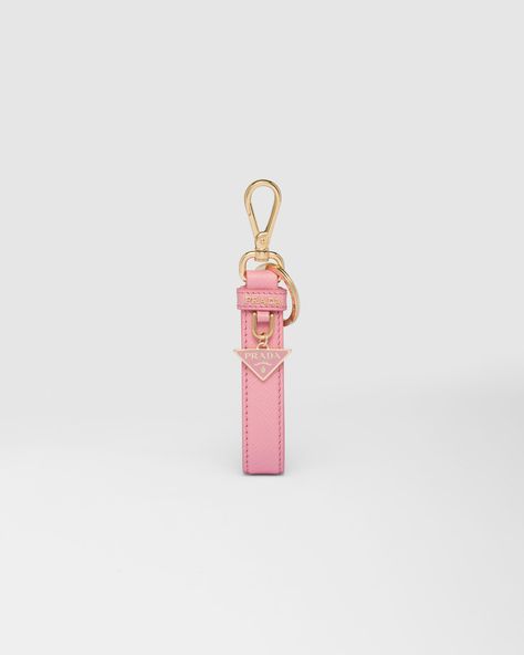 Petal Pink Saffiano leather keychain | PRADA Prada Keychain, Preppy Keychain, Car Keychain Ideas, Pink Keychain, Metal Lettering, Backpack Keychains, Car Essentials, Key Wallet, Pink Accessories