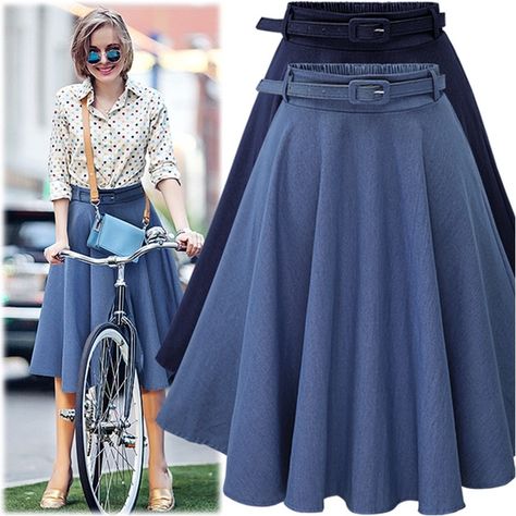 Midi Skirt Denim, Winter Fashion Women, Pleated Denim Skirt, 2024 Aesthetic, Belt Skirt, Long Denim Skirt, Midi Flare Skirt, Midi Denim, Dresses Spring