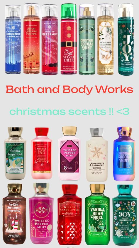 bath and body works christmas scents! Bath And Body Works Wishlist, How To Smell Like Christmas, Christmas Shower Routine, Bath And Body Works Christmas Aesthetic, Christmas Bath And Body Works, Bath And Body Works Winter Scents, Bath And Body Works Christmas Scents, Bath And Body Works Aesthetic, Bath And Body Works Perfume Christmas